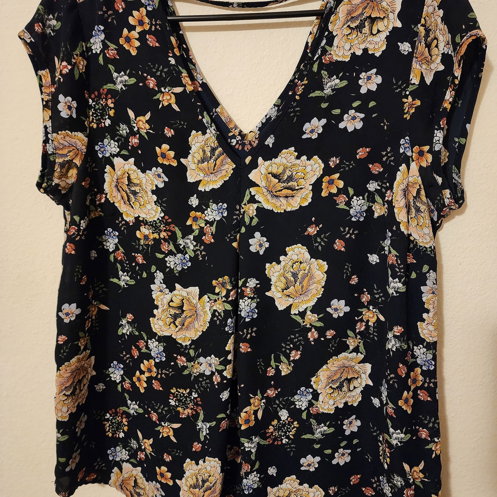 Halogen Black and Yellow Floral V-Neck Blouse